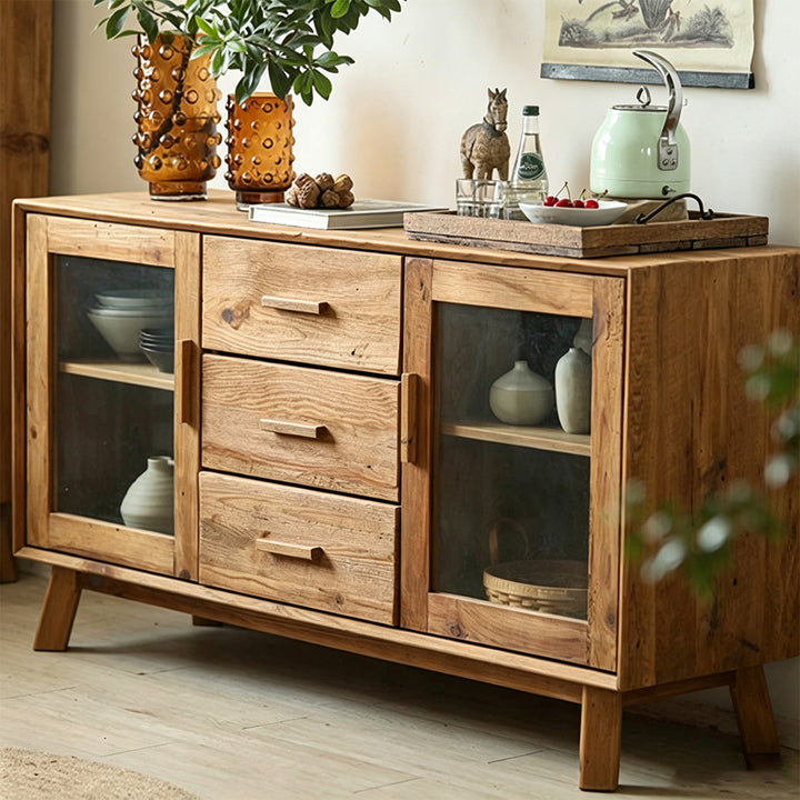 Jake Natural Wood Sideboard With Glass Doors And Drawers