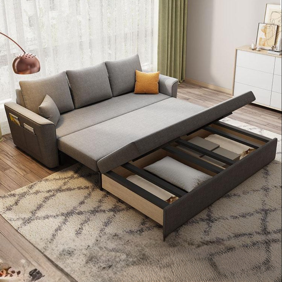 Grey sofa bed pull-out metal frame partially extended