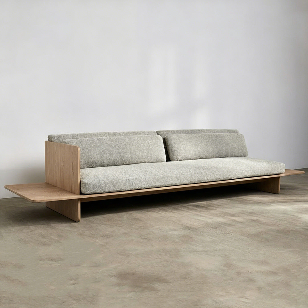Craigie light grey fabric sofa front view with oak base
