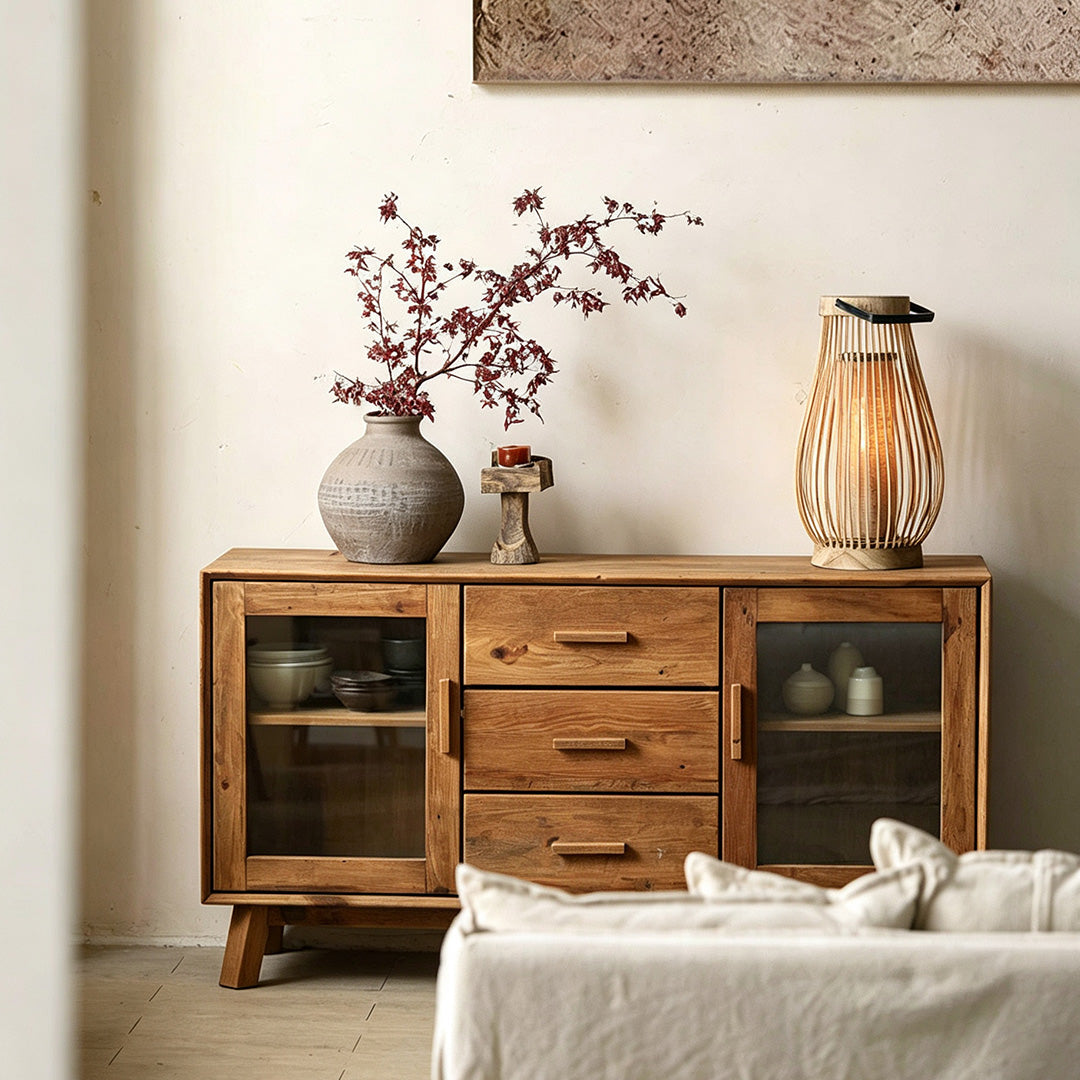 Jake Natural Wood Sideboard With Glass Doors And Drawers