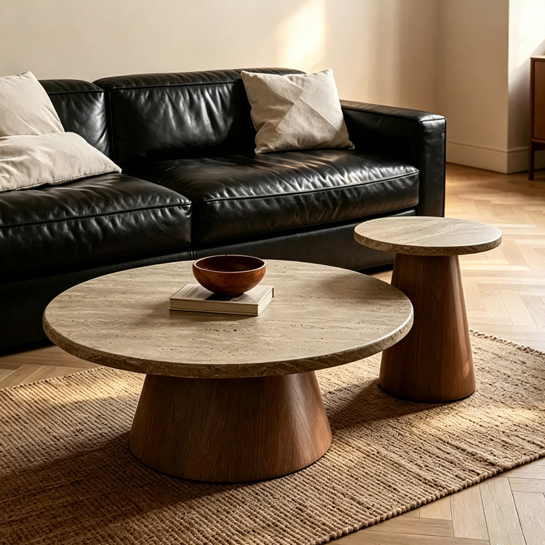 Griffin Beige Travertine & Wood Coffee Table