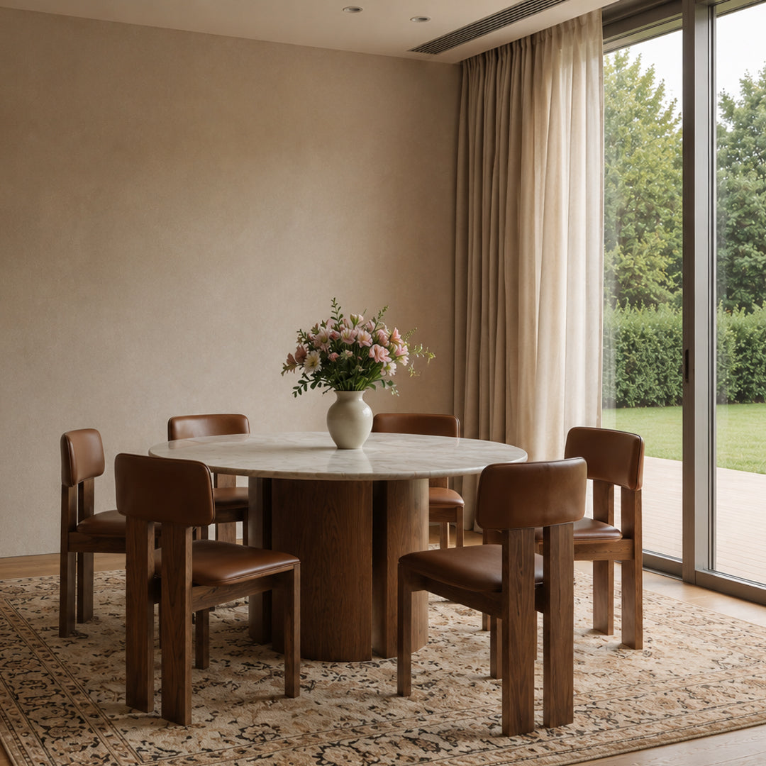 Laurel Taupe Marble Round Dining Table with Wooden Base