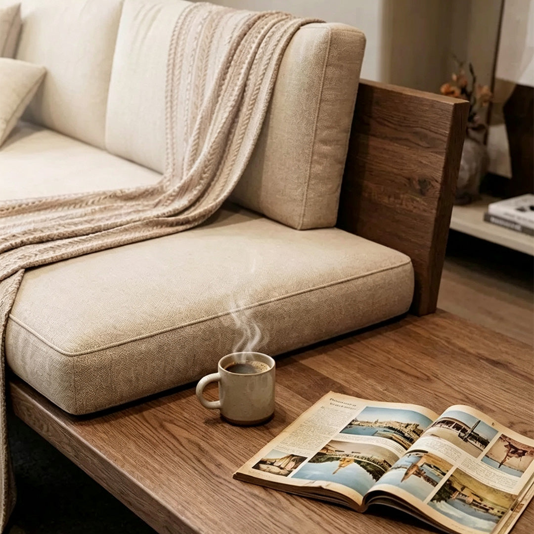 Knox linen sofa seat and integrated wood side table detail