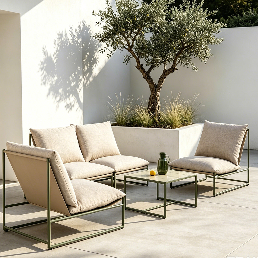 Elara Sage Green Steel Frame Outdoor Lounge Set With Beige Cushions