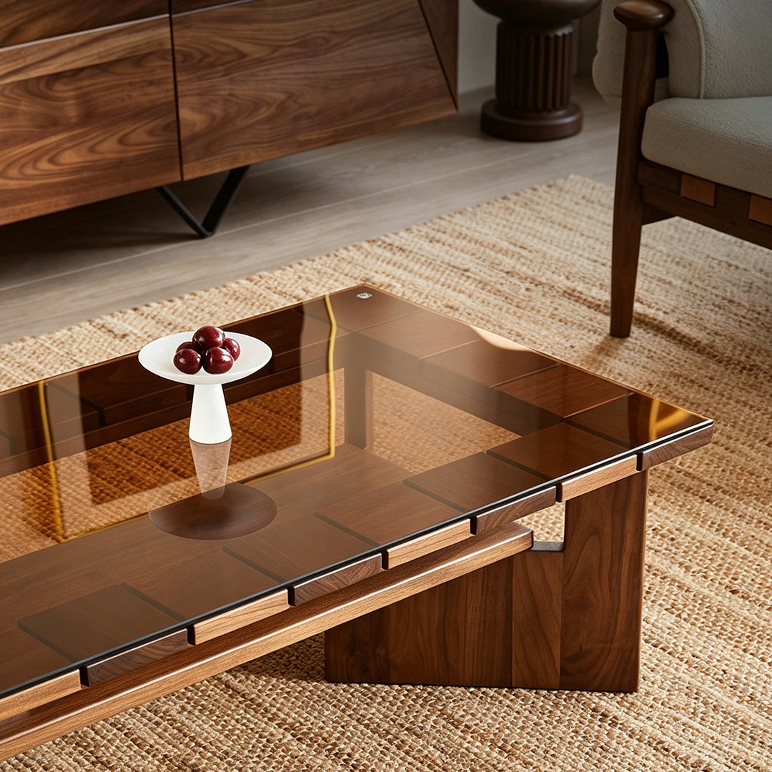 Joseph Walnut Wood And Black Glass Coffee Table