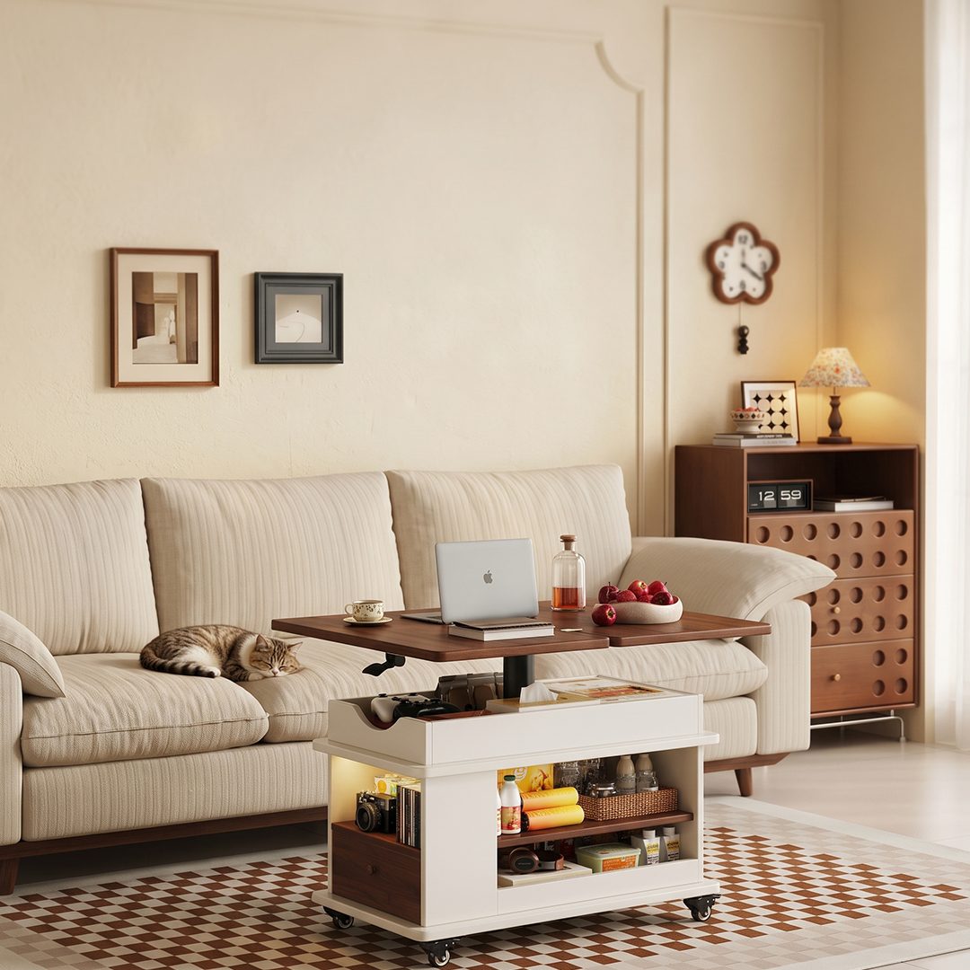 White Harlow adjustable coffee table used as a laptop desk