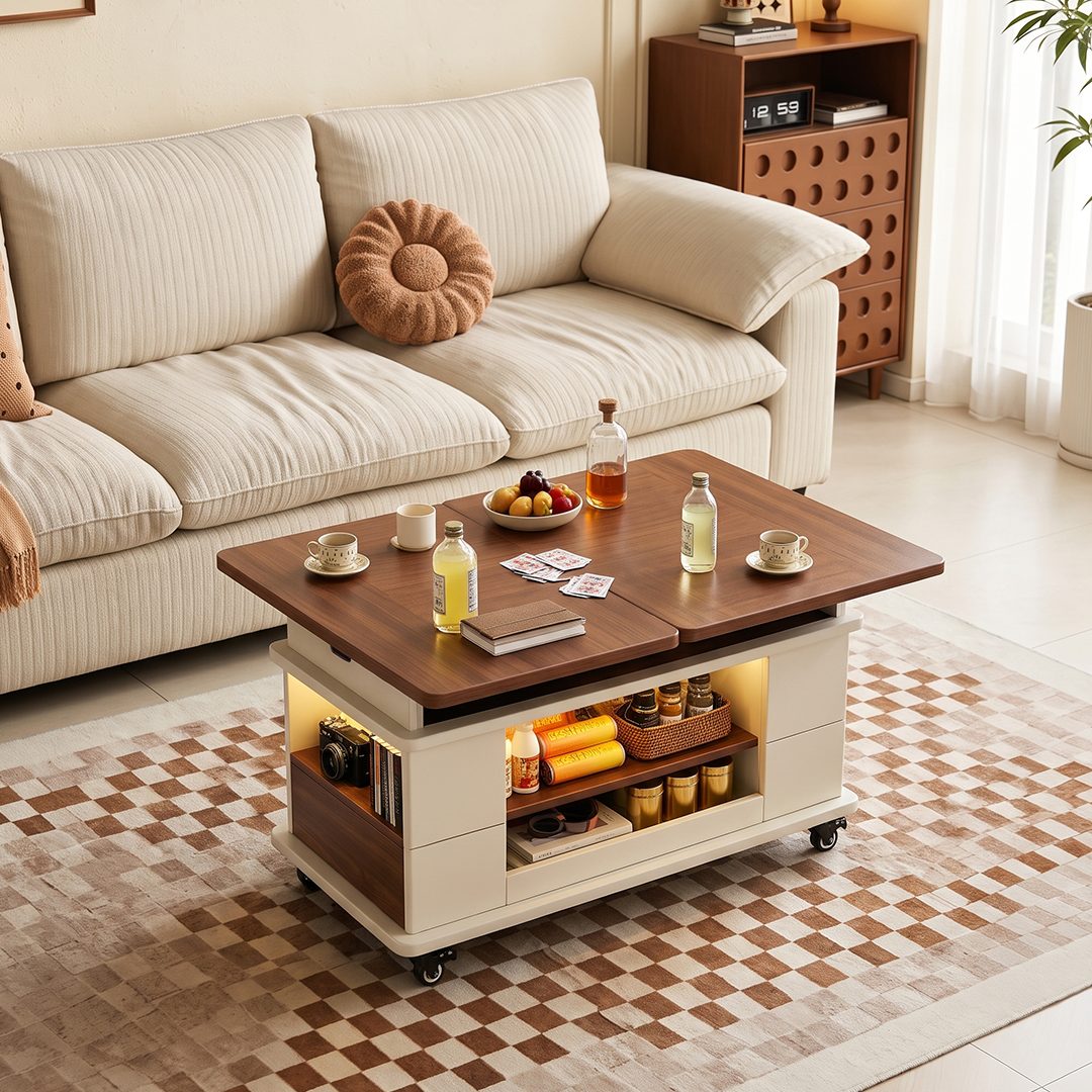White and wood Harlow coffee table in a living room